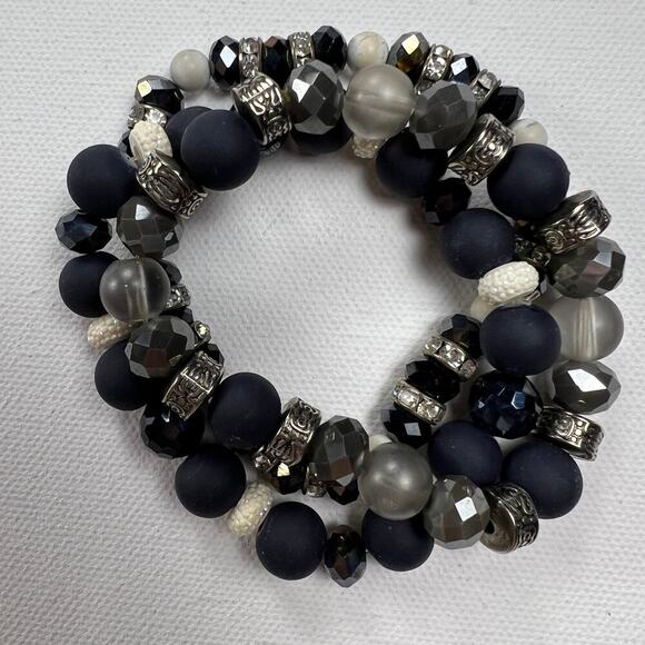 Handmade Beaded Bracelet Trio Matte Navy Crystal Silver Tone Beads - Picture 2 of 6